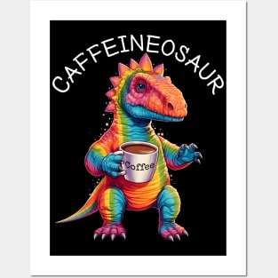 Rainbow Dinosaur T-Rex - Caffeineosaur - Kawaii Anime Dino & Coffee Lover Posters and Art